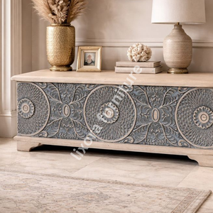 Aparador de Madera Maciza Hecho a Mano de Lujo con Tallado Geométrico Ornamentado de Mandala, Consola Buffet - Product Image 4