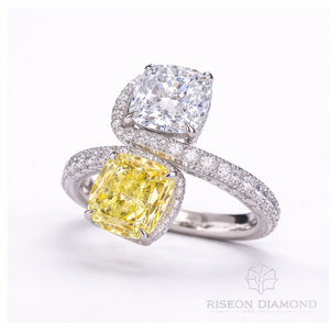 18K White Gold Toi et Moi Engagement Ring Fancy Yellow and White Cushion Cut Diamond Luxury Crossover Statement Band - Product Image 1