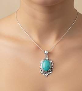 Collier pendentif fait main en turquoise naturelle et argent sterling 925, cabochon ovale vintage, bijou cadeau pour femme, cadeau de Noël pour elle - Product Image 2