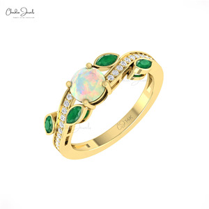 Verified Suppliers 6mm Round Cut <b>Opal</b> & Emerald Floral <b>Ring</b> 14k Solid Gold Diamond Accent Twisted <b>Ring</b> for Engagement Gift - Product Image 4