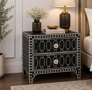 Table de chevet en os noir incrusté |   Table de chevet géométrique à 2 tiroirs |   Table de chevet de luxe par B H Brothers - Product Image 1