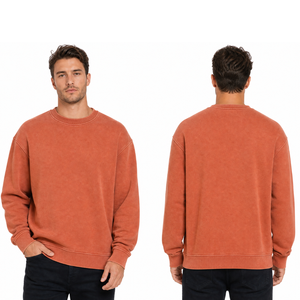 <b>Men's</b> Oversized Drop Shoulder Crewneck <b>Sweatshirt</b> Rust <b>Orange</b> Washed Cotton Fleece Top - Product Image 3