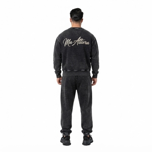 Men Mineral Wash Black Crewneck Sweatshirt Sweatpants <b>Set</b> Casual Streetwear <b>Matching</b> Clothes Oversized <b>Jogger</b> <b>Set</b> - Product Image 2