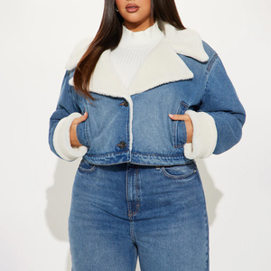 Veste en jean pour femme avec col et poignets en fausse fourrure blanche, coupe classique, délavée, manteau décontracté d'hiver - Product Image 1