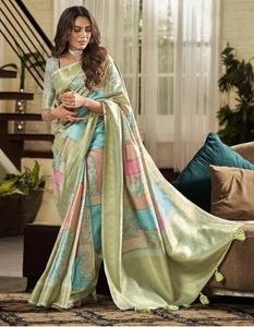 KV Women's Digital Print Woven Embellished Handloom Silk Blend Wrinkle Free Autumn Saree Unstitched <b>Blouse</b> (Light Green <b>Gold</b> - Product Image 1