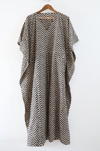 Women's <b>Black</b> White Geometric Block Print V-Neck <b>Kaftan</b> Long Dress Loose Fit Cotton Bohemian Summer Dress - Product Image 2