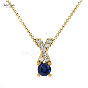 Proveedores Mayoristas de Primera Calidad, Colgante de Zafiro Azul Natural de 5mm con Engaste de Puntas en Forma de X, con Diamante en Oro Sólido de 14k, Colgante Minimalista - Product Image 3