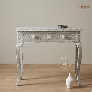 Mesa Consola Moderna con Marco de Madera e Incrustaciones de Hueso, con Cajón - Diseño Artesanal Duradero para Sala de Estar, Dormitorio y Entrada - Product Image 1