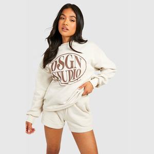 Nouvelle Collection – Ensemble Sweat-shirt et Short Femme en Molleton 100% Coton Grande Taille, Col Rond, Épaules Tombantes, Manches Longues, Coupe Boxy, Style Urbain - Product Image 5
