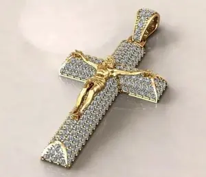 Colgante de Cruz de Jesús con Moissanita Redonda de 2 Quilates, Chapado en Oro sobre Plata de Ley, con Diamantes Tishya, para Mujer - Product Image 1