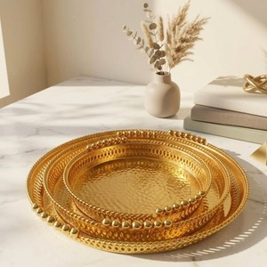 Bandeja Decorativa Redonda Dorada con Espejo y Asas Tubulares, Estilo Art Deco, para Mesa de Centro - Product Image 5
