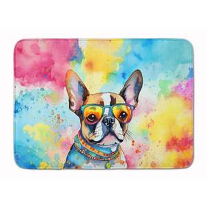 Alfombrilla de baño de espuma viscoelástica Boston Terrier Hippie Dawg, alfombra de cocina antifatiga lavable a máquina, cojín cómodo para uso en el baño y la cocina - Product Image 1