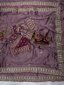 Conjunto de Saree Bordado con Blusa y Dupatta de Tela de Red, Color Morado Borgoña, para Bodas y Fiestas - Product Image 1