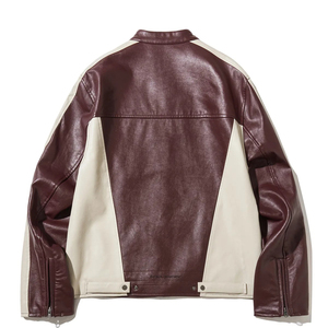 Men's <b>Burgundy</b> PU <b>Leather</b> Moto <b>Jacket</b> Color Blocking Stand Collar Zipper Closure Autumn Wear - Product Image 2