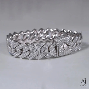 925 Sterling <b>Silver</b> Gold Plated Hip Hop Moissanite Wide Link <b>Bangle</b> <b>Bracelet</b> with Round Brilliant Cut for Wedding Party Gifts - Product Image 1