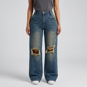 <b>Y2K</b> Style Women's Retro Heavy-duty Washed Wide-leg Denim Long <b>Pants</b> With Knee Rips - Product Image 2