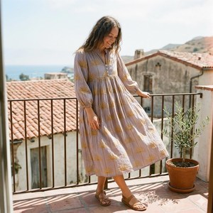 Luxury Lavender Tropical Print Midi <b>Dress</b> With Puff Sleeve Boho V-Neck <b>Loose</b> Fit A-Line Casual Summer <b>Dress</b> For Women - Product Image 2