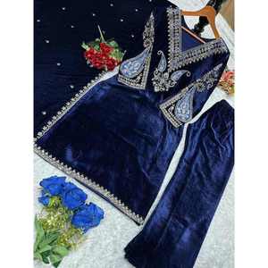 FANCY VISCOSA TERCIOPELO BORDADO TRABAJO FONDO SUPERIOR CON DUPATTA AZUL - Product Image 1