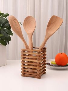 Natural Wood Spatula Spoon <b>Caddy</b> Expandable Counter Top Bamboo Kitchen <b>Tool</b> Holder for Cooking Utensils - Product Image 2