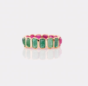 Natural Emerald and <b>Ruby</b> Alternating <b>Eternity</b> Band in Solid 18K Yellow Gold Gemstone Station <b>Ring</b> May and July Birthstone - Product Image 3