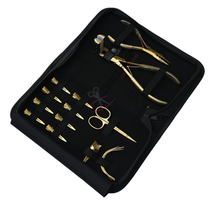 Kit d'outils avancés pour extensions de cheveux dorées : pinces à extensions adhésives, dissolvant de micro-perles, aiguilles courbées, mini-ciseaux, outil de séparation des mèches - Product Image 1