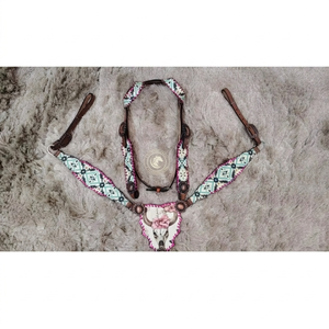 Western horse chest breast collar leather tack engraved concho crystal fringe harness adjustable strap <b>equestrian</b> halter set - Product Image 2