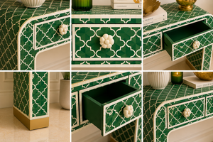 Table console en os incrusté de style bohème avec 3 tiroirs, meuble d'entrée de luxe, meuble d'appoint pour couloir, décoration de salon - Product Image 2