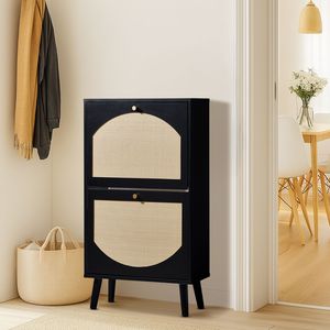 Scarpiera Nera con Superficie in Rattan, 2 Contenitori Ribaltabili, Design ad Arco con Gambe Alte, 54x24x98cm, Struttura in Truciolato, Rattan Sintetico - Product Image 2