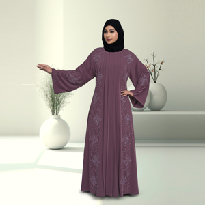 ชุดอาบายะห์อิสลามแบบเรียบง่ายสำหรับวันอีด ตกแต่งด้วยคริสตัล แผงผ้าจับจีบด้านหน้า ดีไซน์ทรงบานยาวคลุมเท้า สำหรับผู้หญิง - Product Image 2