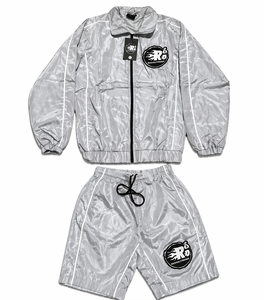 Custom Plus Size Hooded Nylon Windbreaker <b>Jacket</b> and Shorts Set Winter Two Piece Water Resistant Tracksuit - Product Image 2