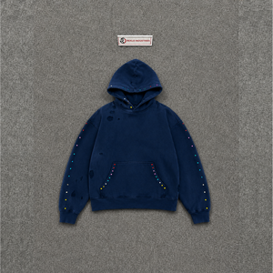 Sweat à capuche bleu marine délavé de qualité supérieure, de luxe, coupe oversize, style urbain déchiré, mode streetwear, coupe décontractée, en coton doux et épais, classique - Product Image 5