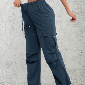 Pantalon cargo bleu marine pour femme, taille élastique avec cordon de serrage, plusieurs poches, décontracté, respirant, pour l'automne, en polyester tissé - Product Image 3