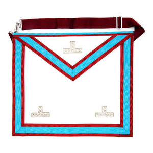 <b>White</b> Masonic <b>Apron</b> Red Maroon Trim Light Blue Flaps Silver Trowels Silk Freemason Scottish Rite Regalia - Product Image 1