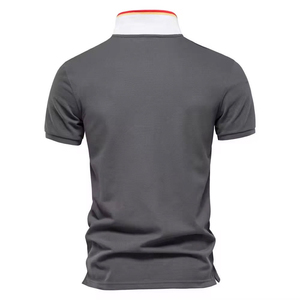 Polo en tricot à manches courtes pour homme, rayé, color-block, respirant, design décontracté, gris avec rayures blanches, jaunes et rouges - Product Image 2