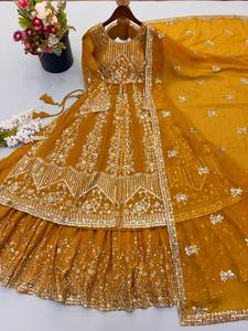 Heavy Micro Cotton Crunchy Silk Heavy Embroidery Sequence Work With Sleeves Party Wear <b>Top</b> <b>Lehenga</b> and Dupatta Set - Product Image 2
