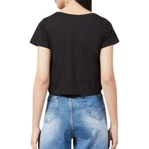 T-shirt court noir en coton pour femme, manches courtes, coupe ajustée, décontracté, mode estivale, vente en gros OEM - Product Image 1