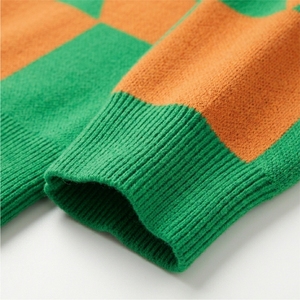 Suéteres de Otoño para Mujer, Color Verde Naranja, Tejido Geométrico, Lana/Cachemira, Antiarrugas, Casual, Manga Larga, Cuello en V, con Cinturón - Product Image 4