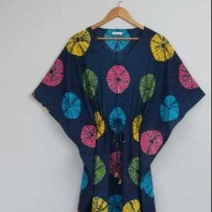 Vestido Kaftán Maxi con Cuello en V y Estampado Tie-Dye para Mujer, Hecho a Mano, 100% Algodón, Ecológico, Lavable, Corte Holgado, Estilo Casual de Verano, Boho, para Vacaciones - Product Image 1