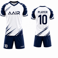 Ensemble de maillots de football personnalisés AAIR en polyester 100% avec sublimation, col en V, manches courtes, séchage rapide, 300g, uniforme de football blanc bleu marine