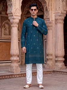 MALAI SILK <b>KURTA</b> PAYJAMA with HEAVY EMBROIDERY SEQUENCE WORK for WEDDING and DIWALI TRADITIONAL UNISEX ALL SEASONS - Product Image 6