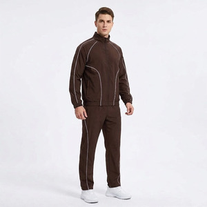 Unisex Retro Chocolate Brown Piped <b>Tracksuit</b> Set Vintage <b>90s</b> Style White Contrast Piping Waterproof Lightweight Windbreaker - Product Image 1