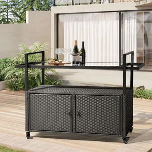 Carrito de Bar Grande de Mimbre para Exteriores con Ruedas, Mueble de Patio con Tapa de Cristal, Gabinete de Almacenamiento, Isla Buffet, Carrito de Servicio HA - Product Image 5