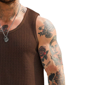 Camiseta sin mangas de punto abierto 100% algodón para hombre, cuello redondo, transpirable, de secado rápido, informal, para verano, gimnasio, playa, vacaciones, moda - Product Image 3
