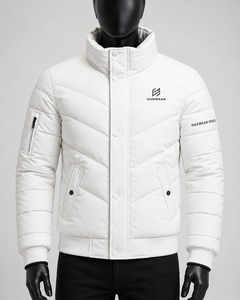 Premium Quality <b>Men's</b> <b>White</b> Puffer <b>Jacket</b> Stand Collar Windproof Polyester Winter Sporty <b>Jacket</b> with Zipper Closure and Logo - Product Image 1