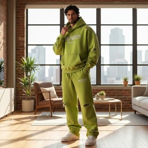 Conjunto de Chándal Vintage Personalizado para Hombre, Estilo Urbano, Desgastado y Decolorado por el Sol, con Apliques Bordados y Pedrería, Sudadera Holgada con Cremallera - Product Image 5
