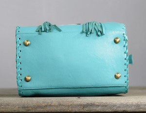Turquoise 100% Genuine <b>Leather</b> Speedy Duffle Handbag With Cowhide Panel Floral <b>Tooling</b> And Tassel Fringes Sky Blue & White Color - Product Image 5