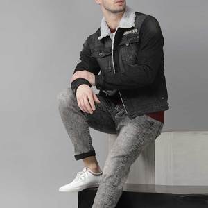 Nouvelle Veste en Jean Décontractée Noire pour Homme en Coton Lavé à Pois, Col Montant, Écologique, Brodé, Réversible et Respirant - Product Image 4