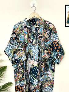 Bata Kimono de Algodón Azul Paisley con Estampado Floral para Mujer, Estilo Otoñal, Bolsillos Dobles, Mangas Largas, Cuello en V, Regalo de Navidad - Product Image 4