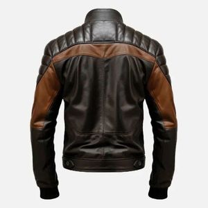 Men's Genuine Leather Moto <b>Jacket</b> Hooded Color Blocking Zipper Closure <b>Slim</b> <b>Fit</b> Winter Vintage Breathable - Product Image 2