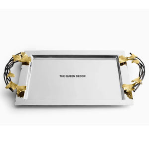 ถาดเสิร์ฟโลหะเหล็กพร้อมหูจับสีทองเคลือบเงิน สำหรับใช้ในบ้านและร้านอาหาร ถาดเสิร์ฟอาหาร - Product Image 1